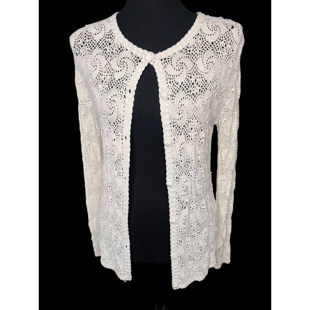 Vintage Hand Crocheted Open Knit Crochet Cardigan Sweater Women Small Ivory